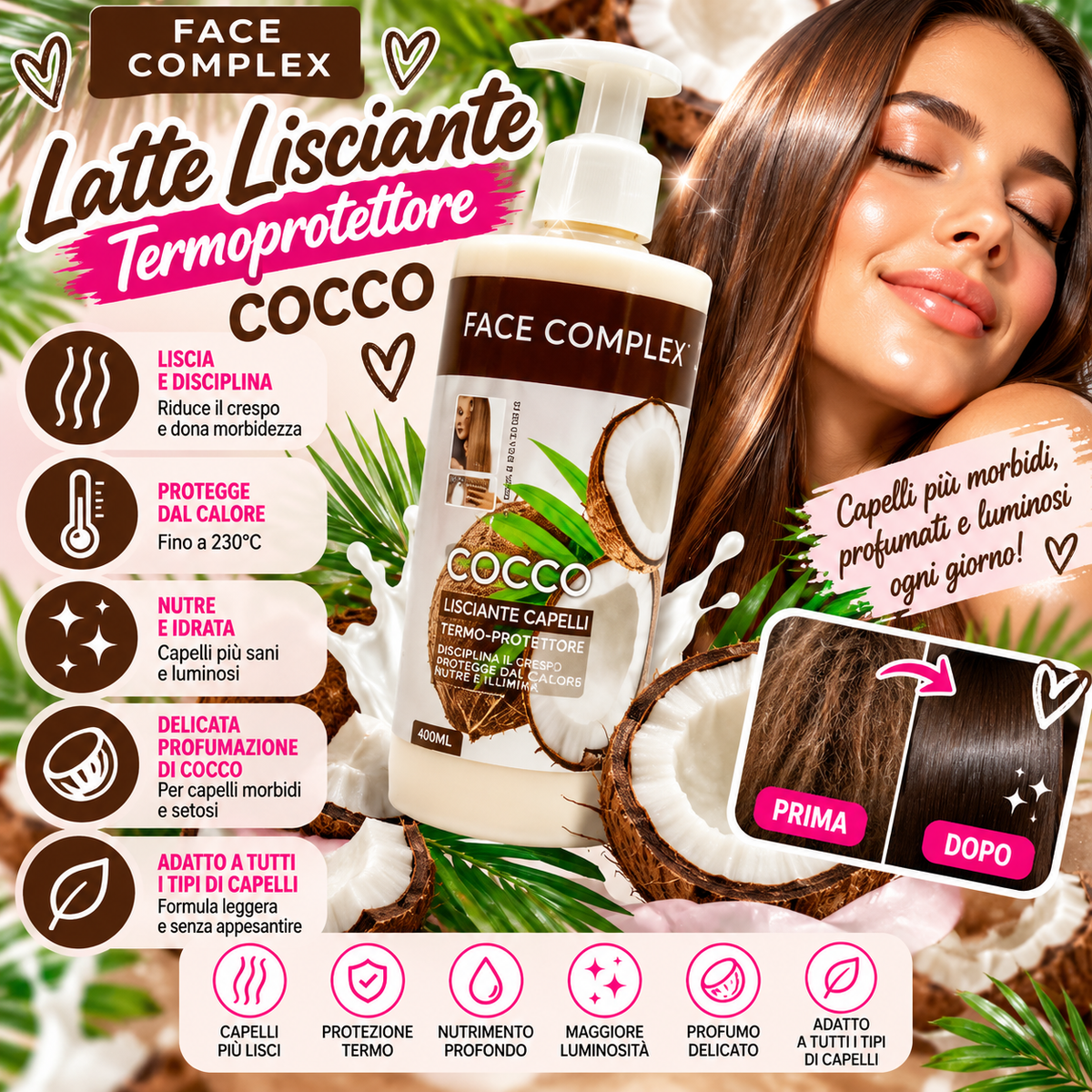 FACE COMPLEX | Latte lisciante termoprotettore 400ml | COCCO 🥥