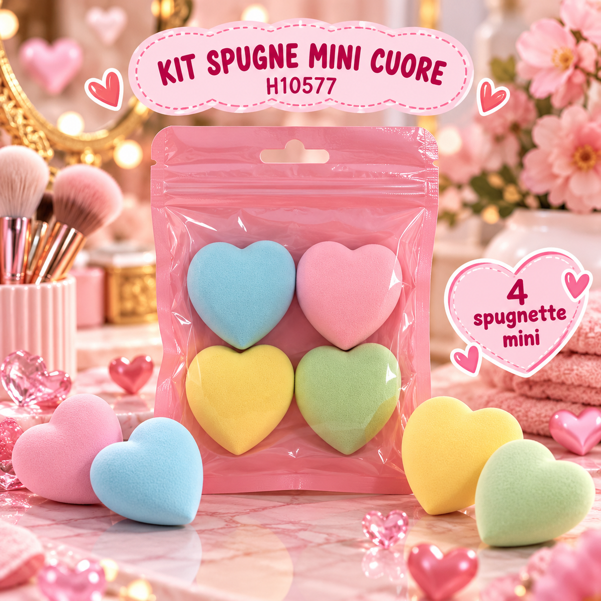 Kit 4 Spugnette Mini Cuore Make-Up – H10577