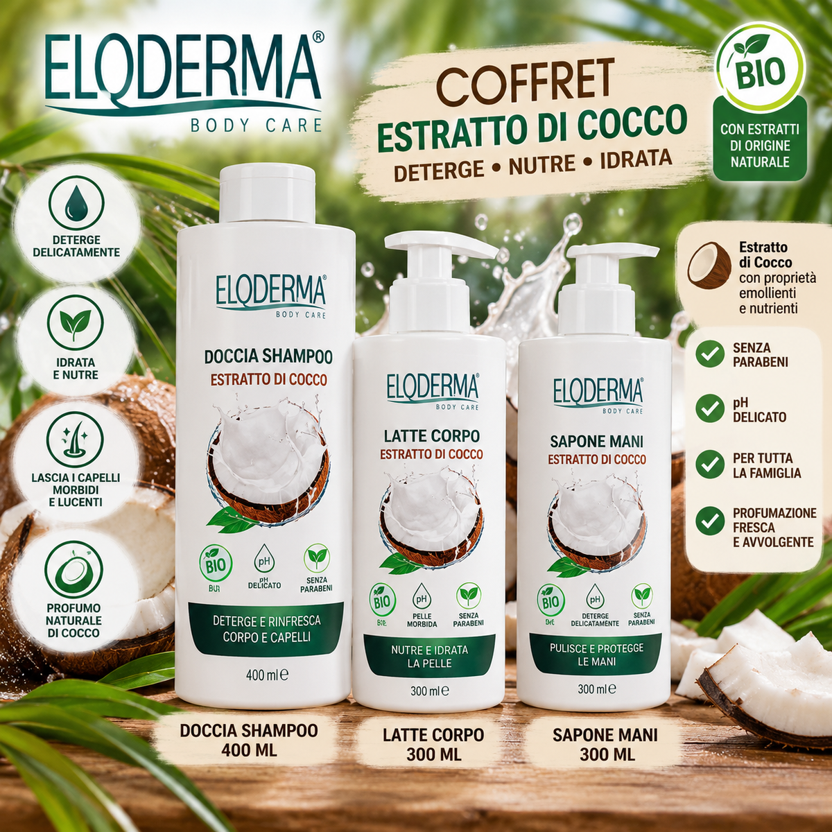 Eloderma Cocco Coffret Corpo – Detergente400ml + Latte Corpo 300ml+ Sapone 300ml