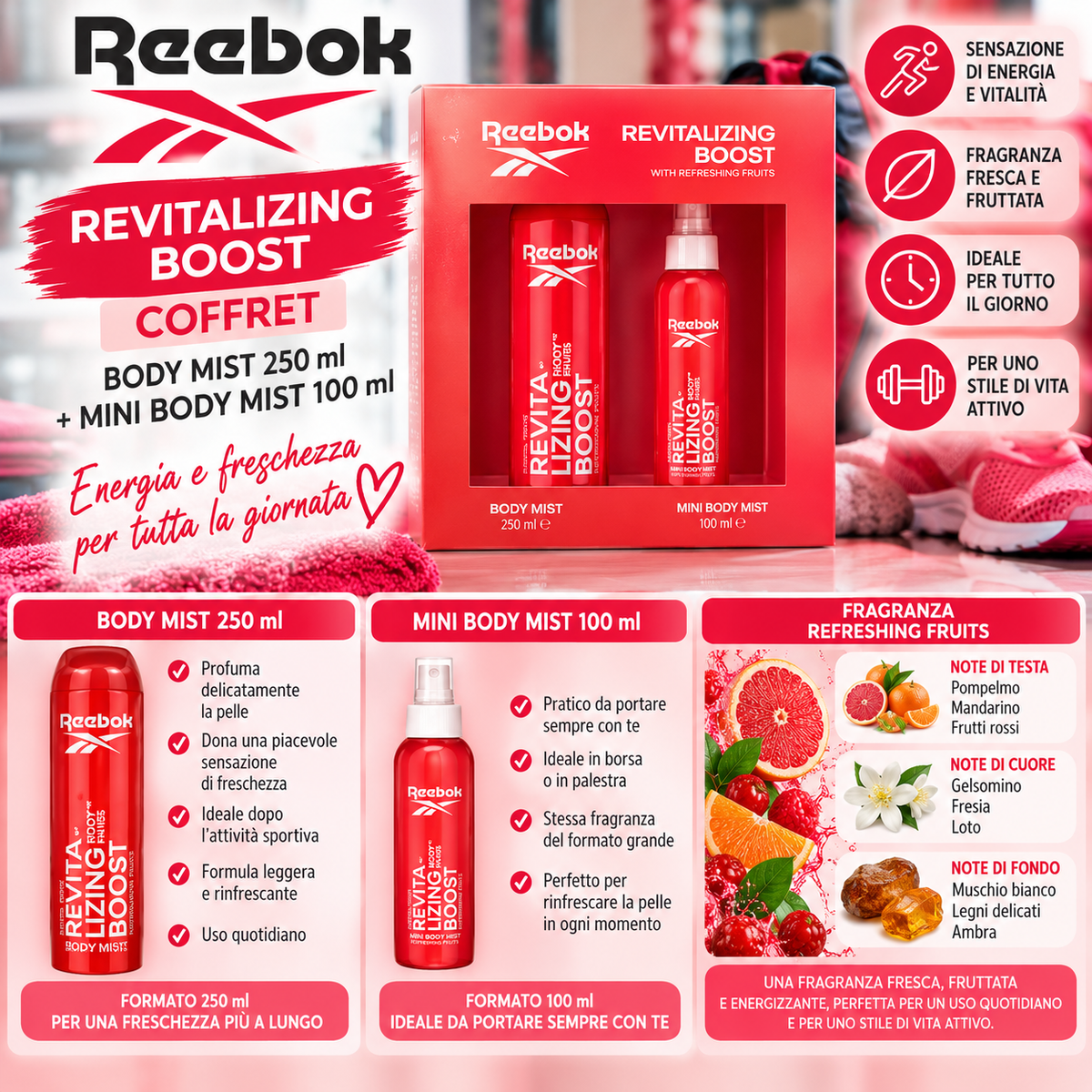 Reebok Revitalizing Boost – Cofanetto Body Mist 250ml+ Body Lotion 100ml