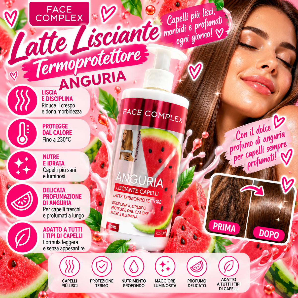 FACE COMPLEX | Latte lisciante termoprotettore 400ml | ANGURIA 🍉
