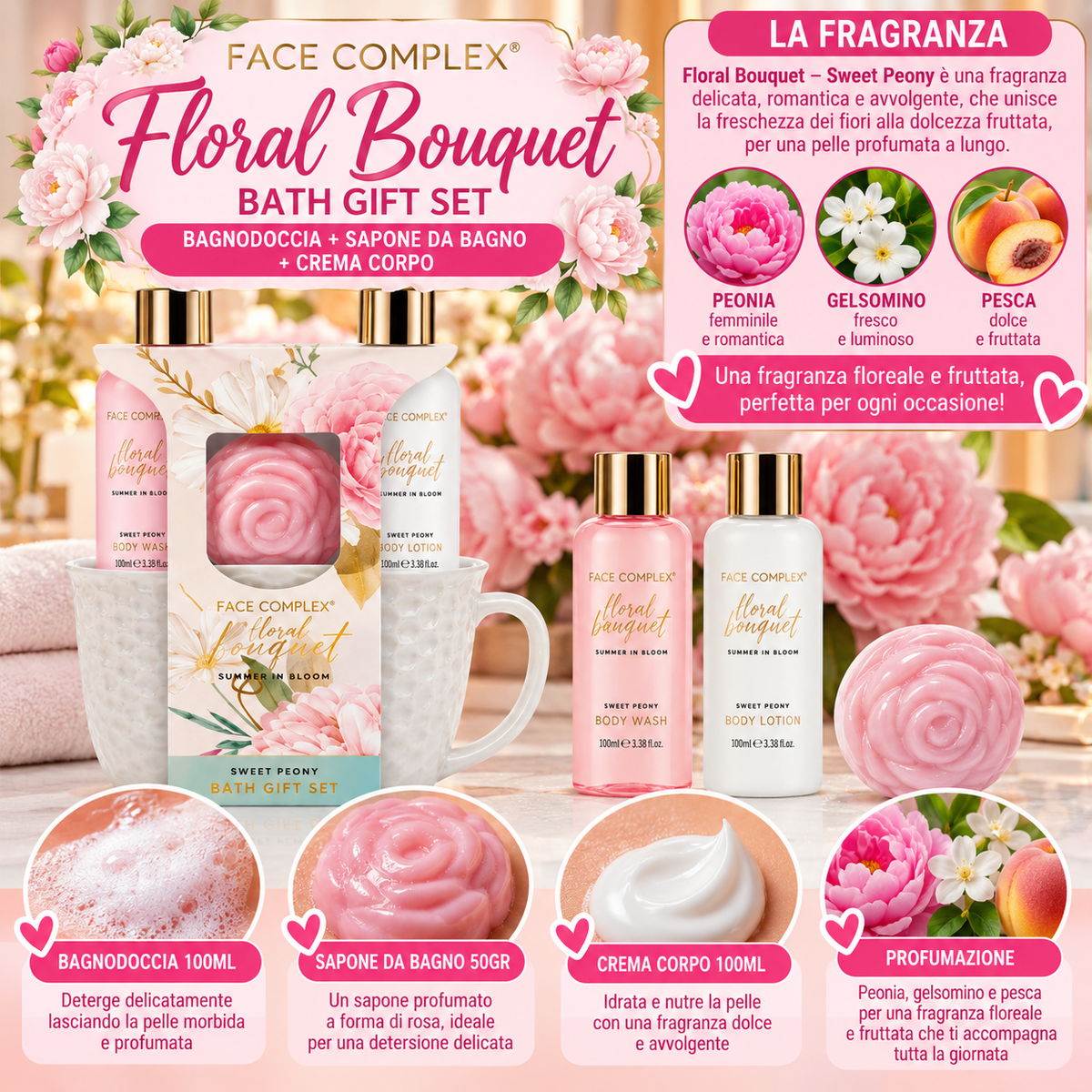 Face Complex Floral Bouquet – Bath Gift Set Bagnodoccia + Crema Corpo + Sapone + Tazza | SKSF3565