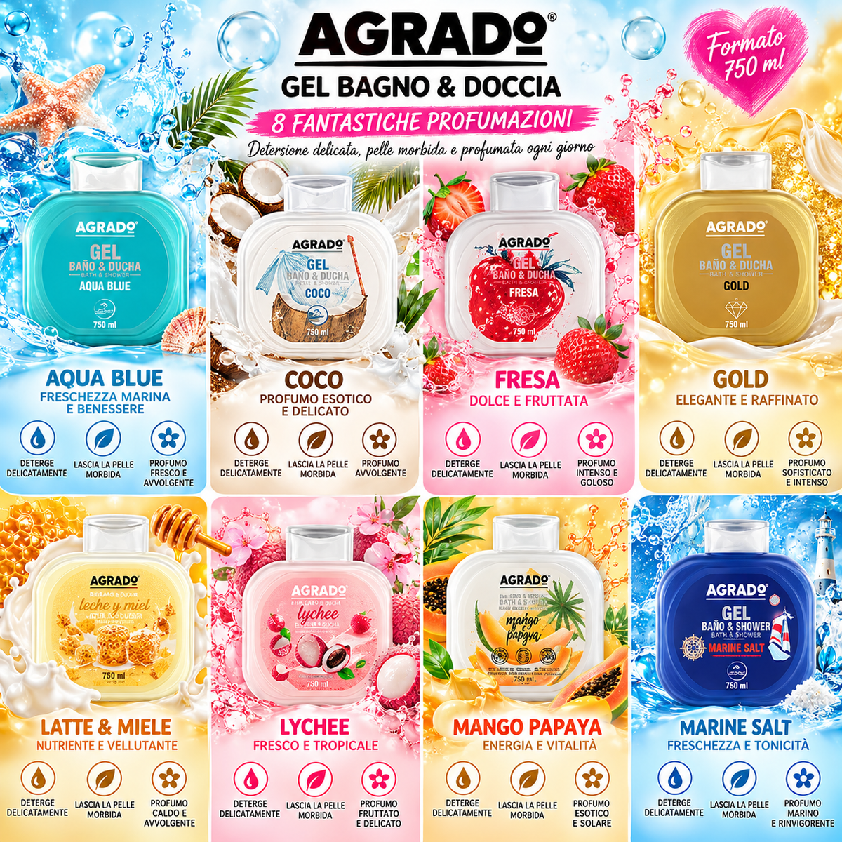 Agrado Gel Bagno & Doccia Profumato – 750 ml – Fragranze Assortite