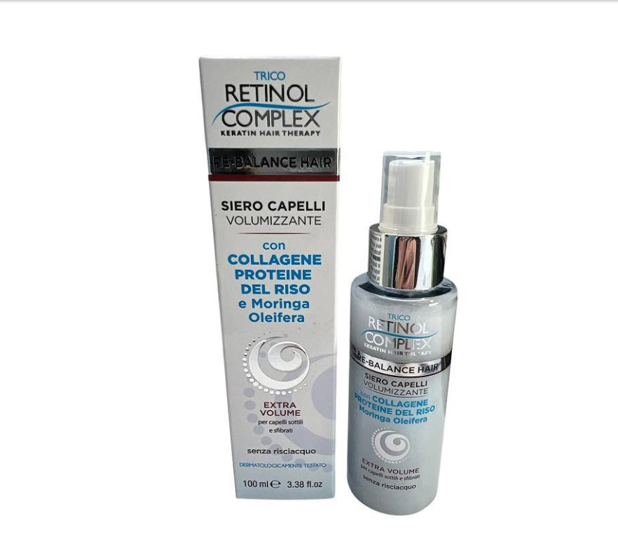 Retinol Complex Siero Capelli Volumizzante con Collagene, Proteine del Riso e Moringa Oleifera (100 ml): Trattamento senza risciacquo extra volume, ideale per capelli sottili e sfibrati.