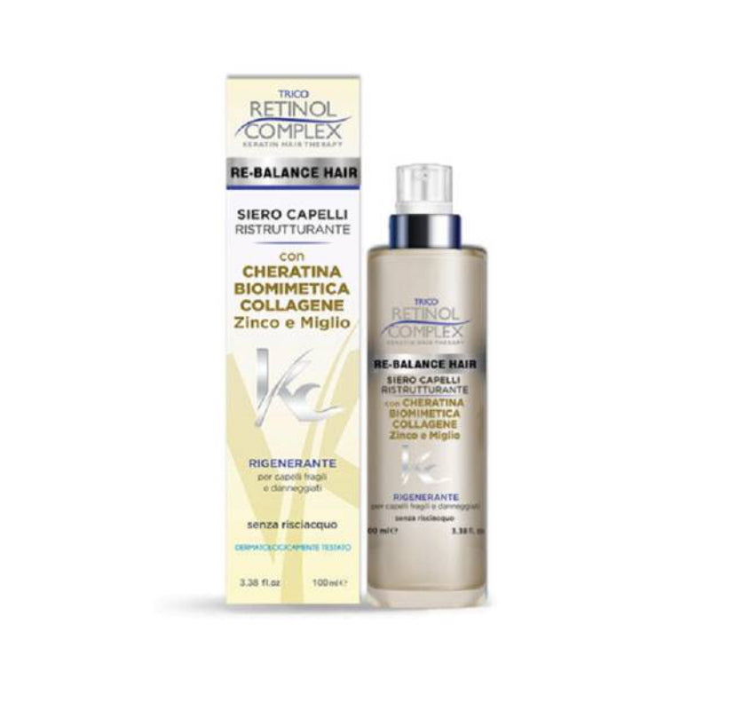 Retinol Complex Siero Capelli Ristrutturante con Cheratina Biomimetica, Collagene, Zinco e Miglio (100 ml): Trattamento rigenerante senza risciacquo specifico per capelli fragili e danneggiati.