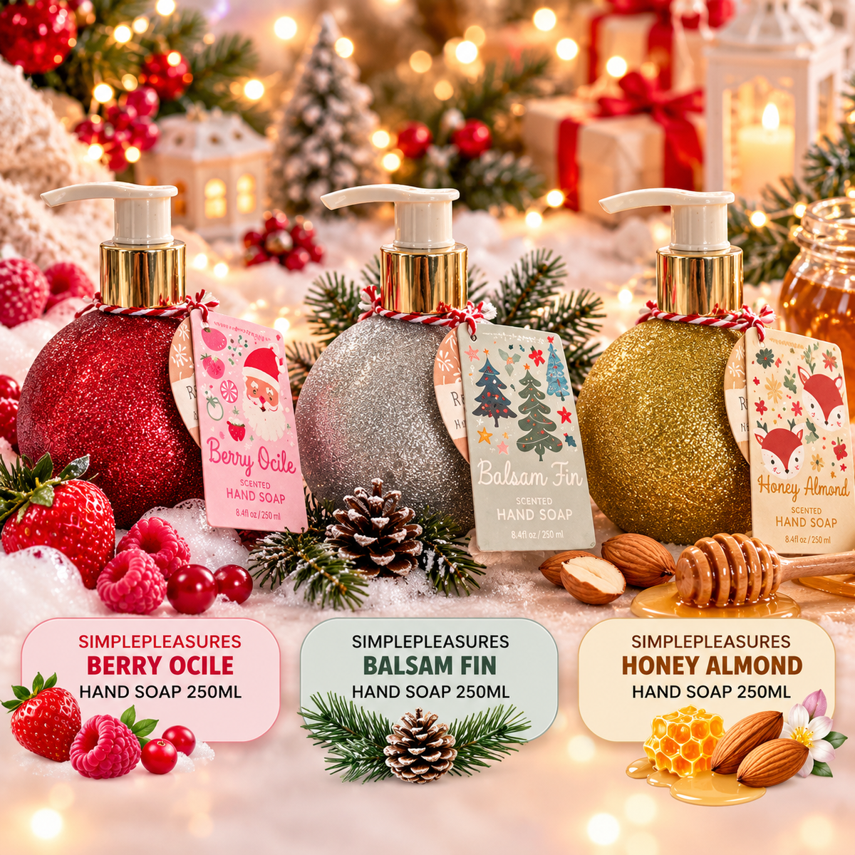 Simple Pleasures – Set 3 Saponi Mani Profumati 250 ml – Berry Ocle, Balsam Fir & Honey Almond