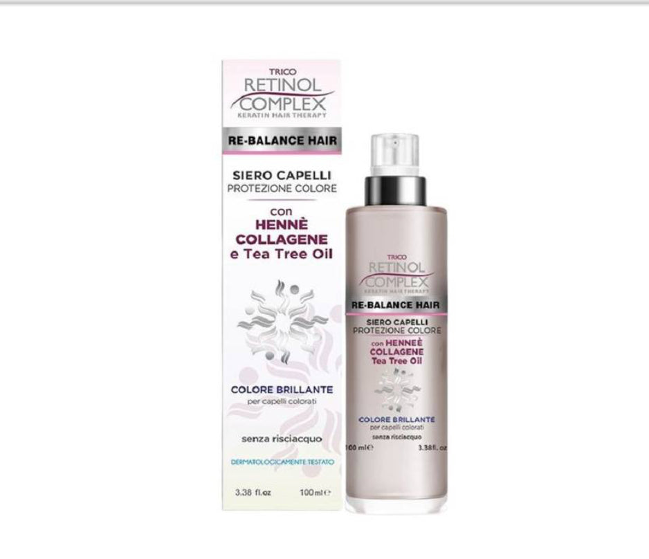 Retinol Complex Siero Capelli Protezione Colore con Hennè, Collagene e Tea Tree Oil (100 ml): Siero protettivo senza risciacquo formulato per donare un colore brillante ai capelli colorati.