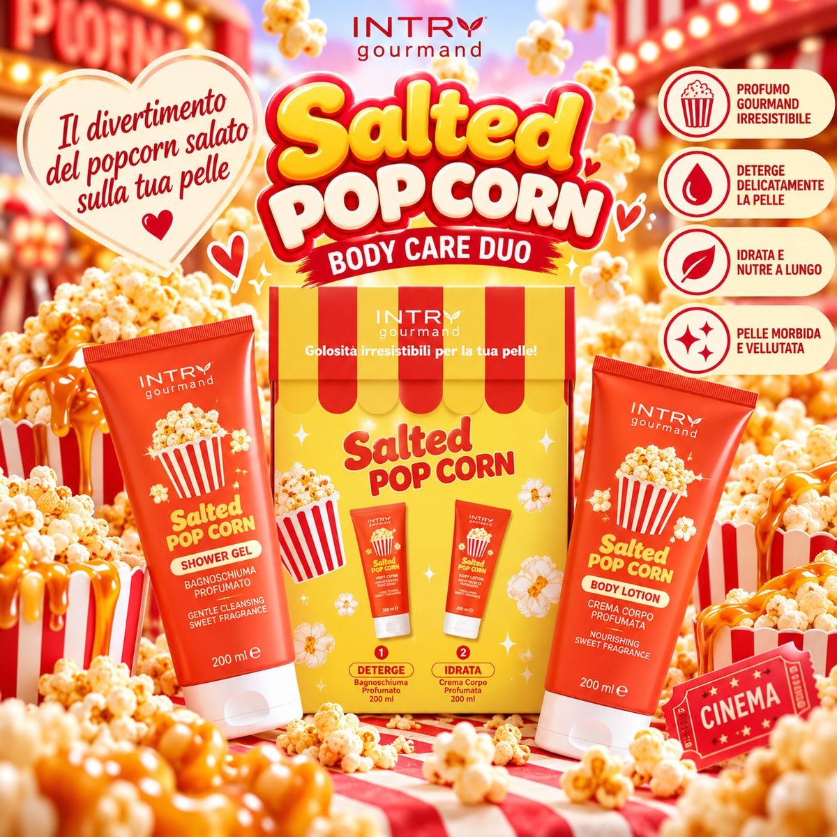 🍿 Salted Popcorn
INTRA Gourmand Salted Popcorn – Cofanetto Bagnoschiuma e Crema Corpo 2x200 ml