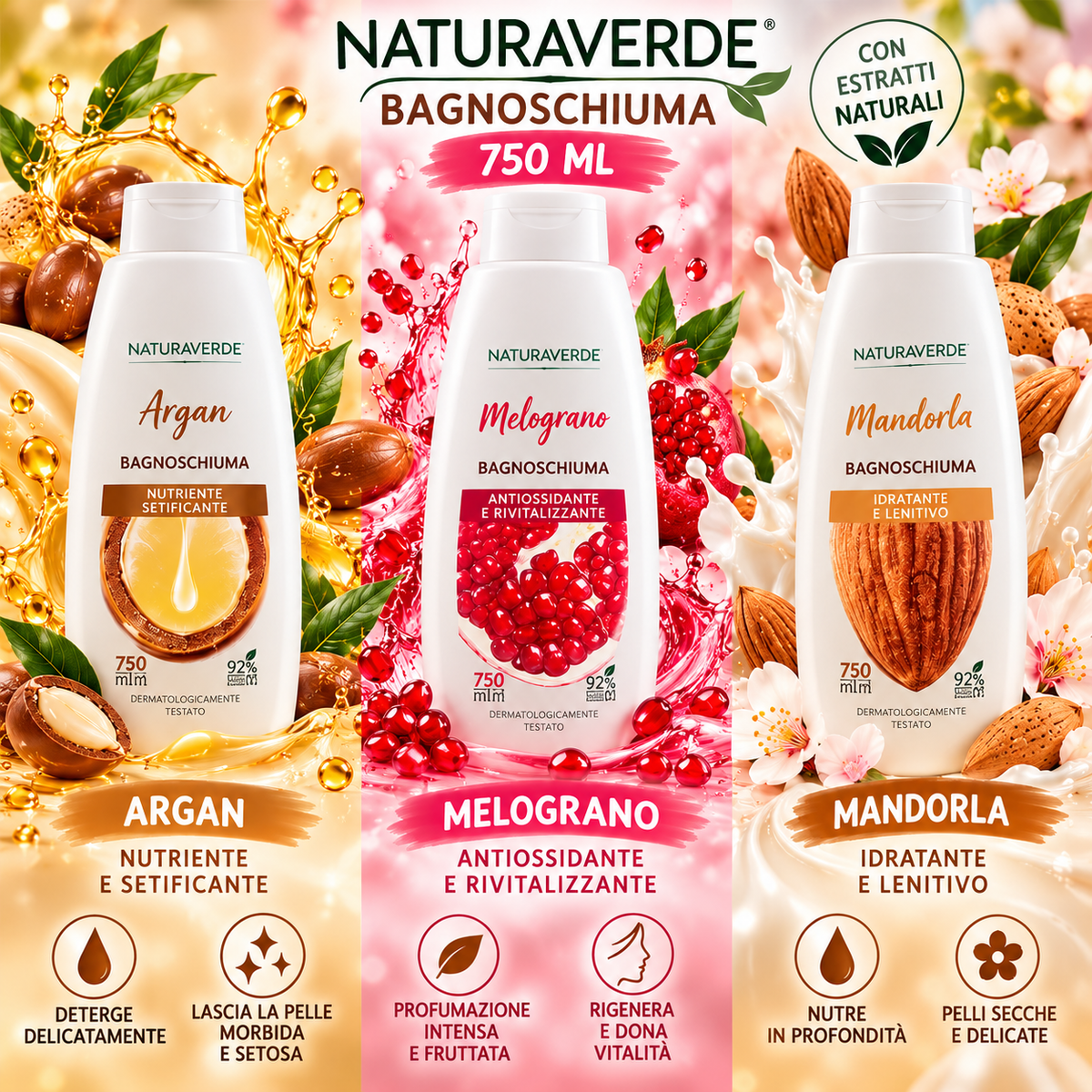 Natura Verde Bagnoschiuma – 750 ml – Argan, Melograno e Mandorla