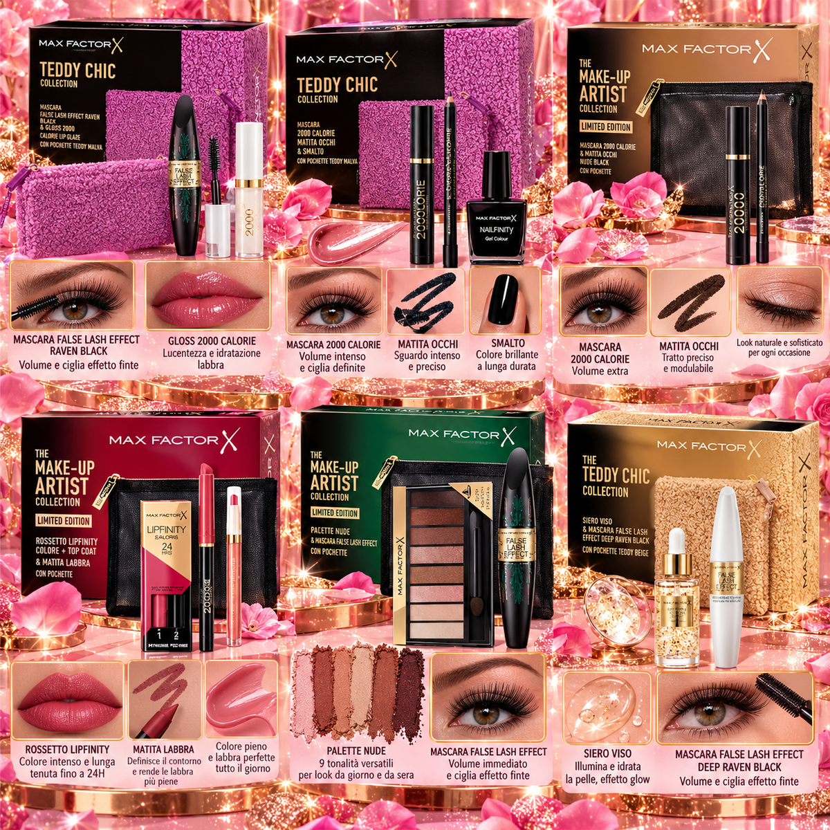 Max Factor Coffret Make-Up Assortiti – Mascara, Rossetti, Palette e Pochette