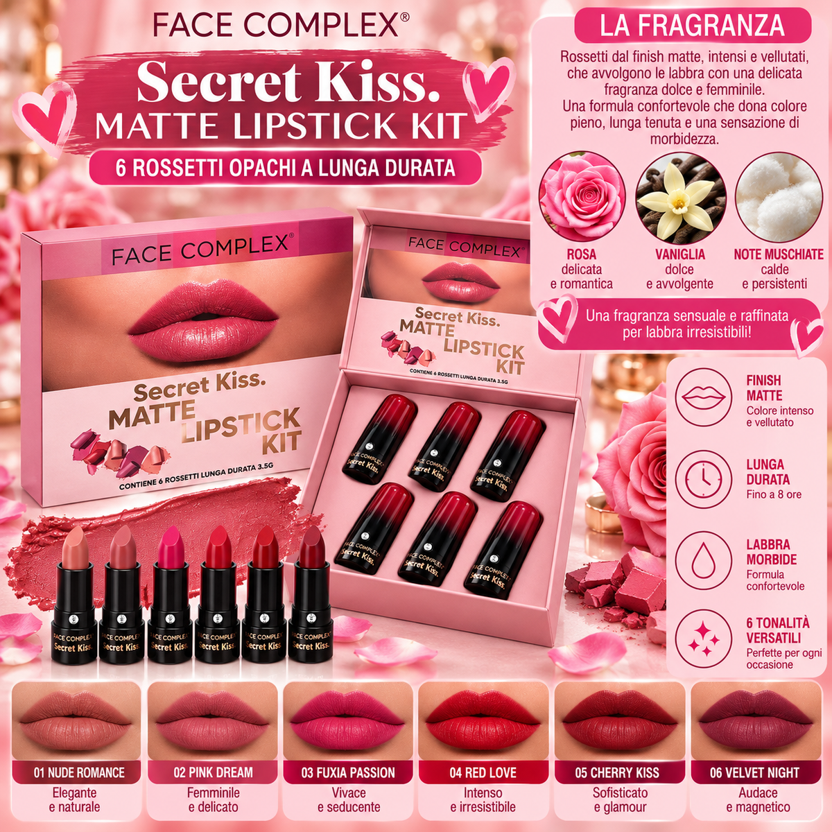 Face Complex Secret Kiss Matte Lipstick Kit – Set 6 Rossetti Opachi Lunga Durata 3,5 g