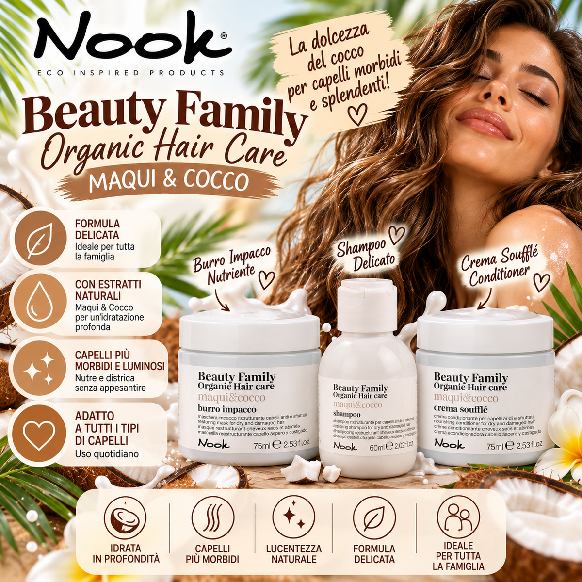 BEAUTY  FAMILY | Trattamento capelli 3 pz MAQUI & COCCO | Burro impacco75ml+Shampoo60ml+Cremasouffle conditioner 75 ml