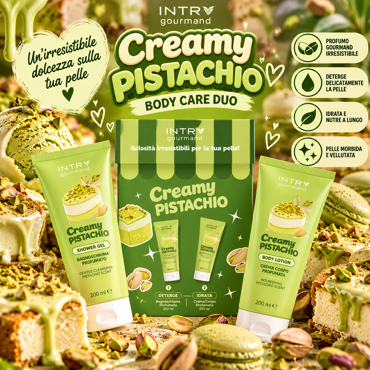 💚 Creamy Pistachio
INTRA Gourmand Creamy Pistachio – Cofanetto Bagnoschiuma e Crema Corpo 2x200 ml