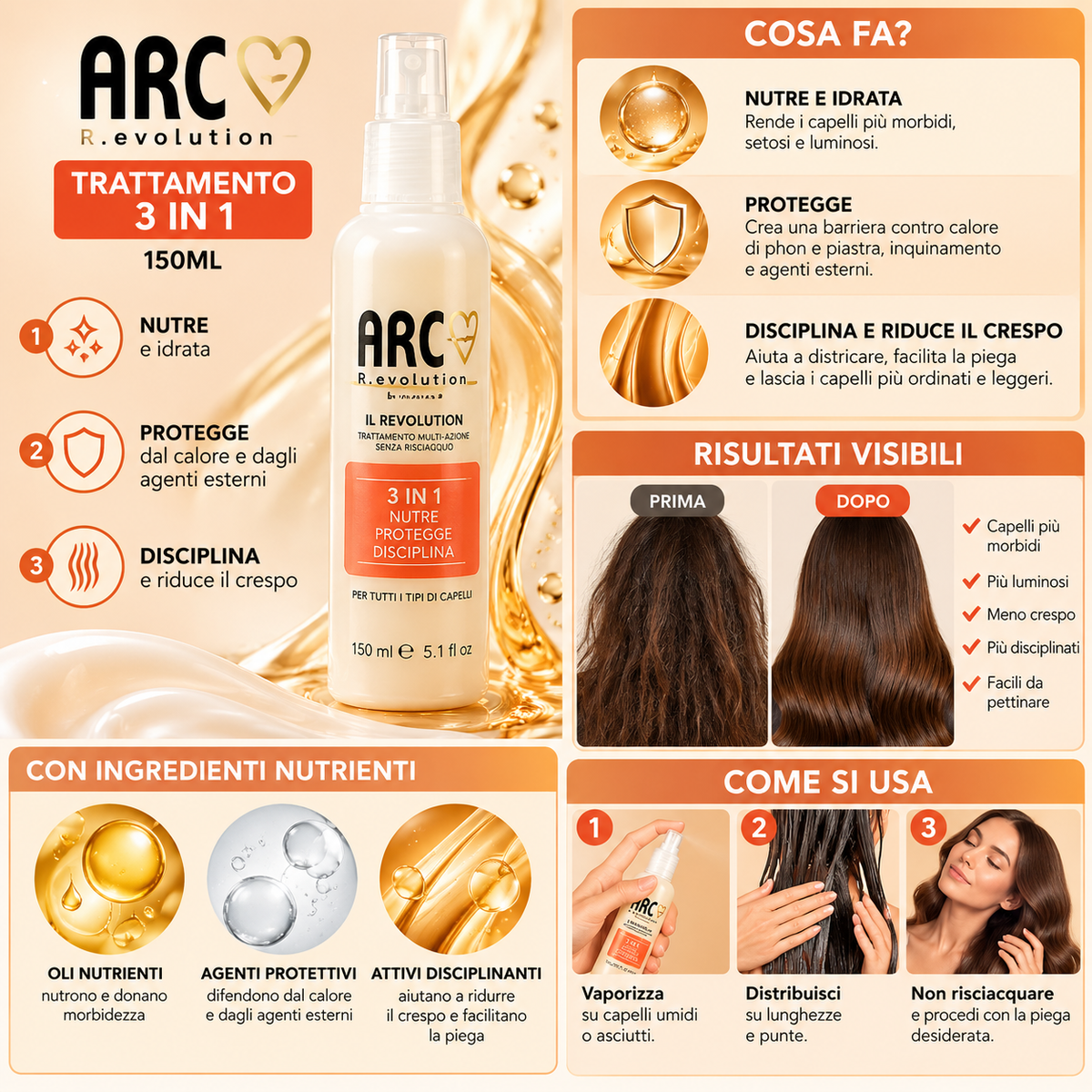 ARC Trattamento Capelli 3 in 1 – Spray Nutriente, Protettivo e Disciplinante 150 m
