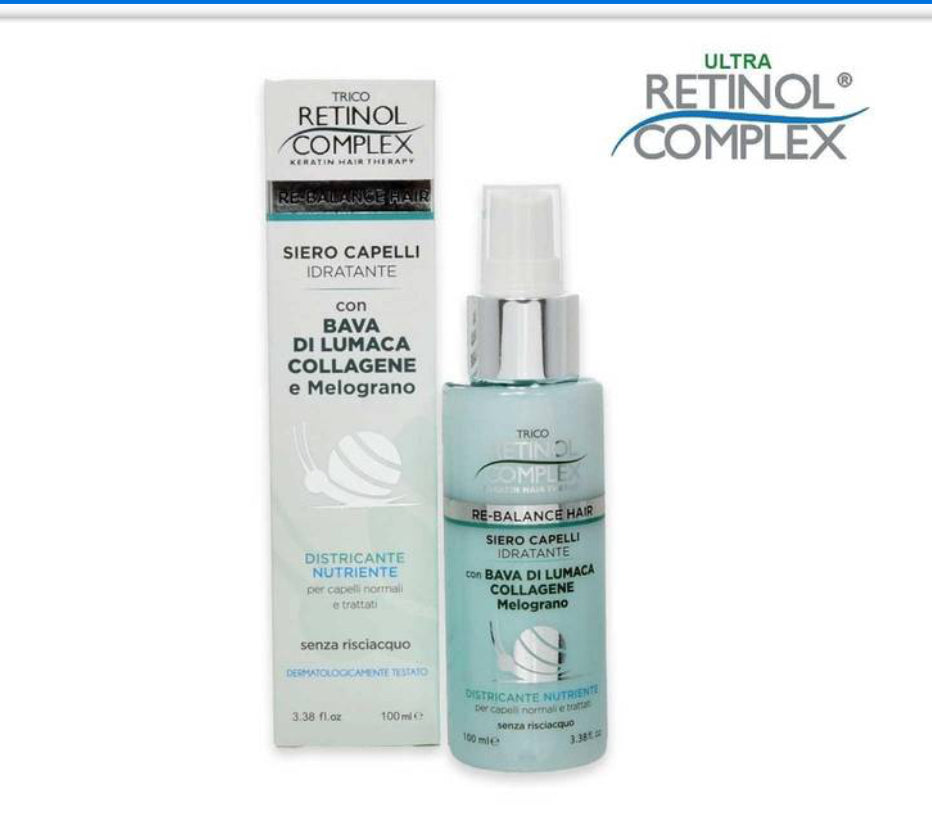 Retinol Complex Siero Capelli Idratante con Bava di Lumaca, Collagene e Melograno (100 ml): Siero districcante e nutriente senza risciacquo, pensato per capelli normali e trattati.