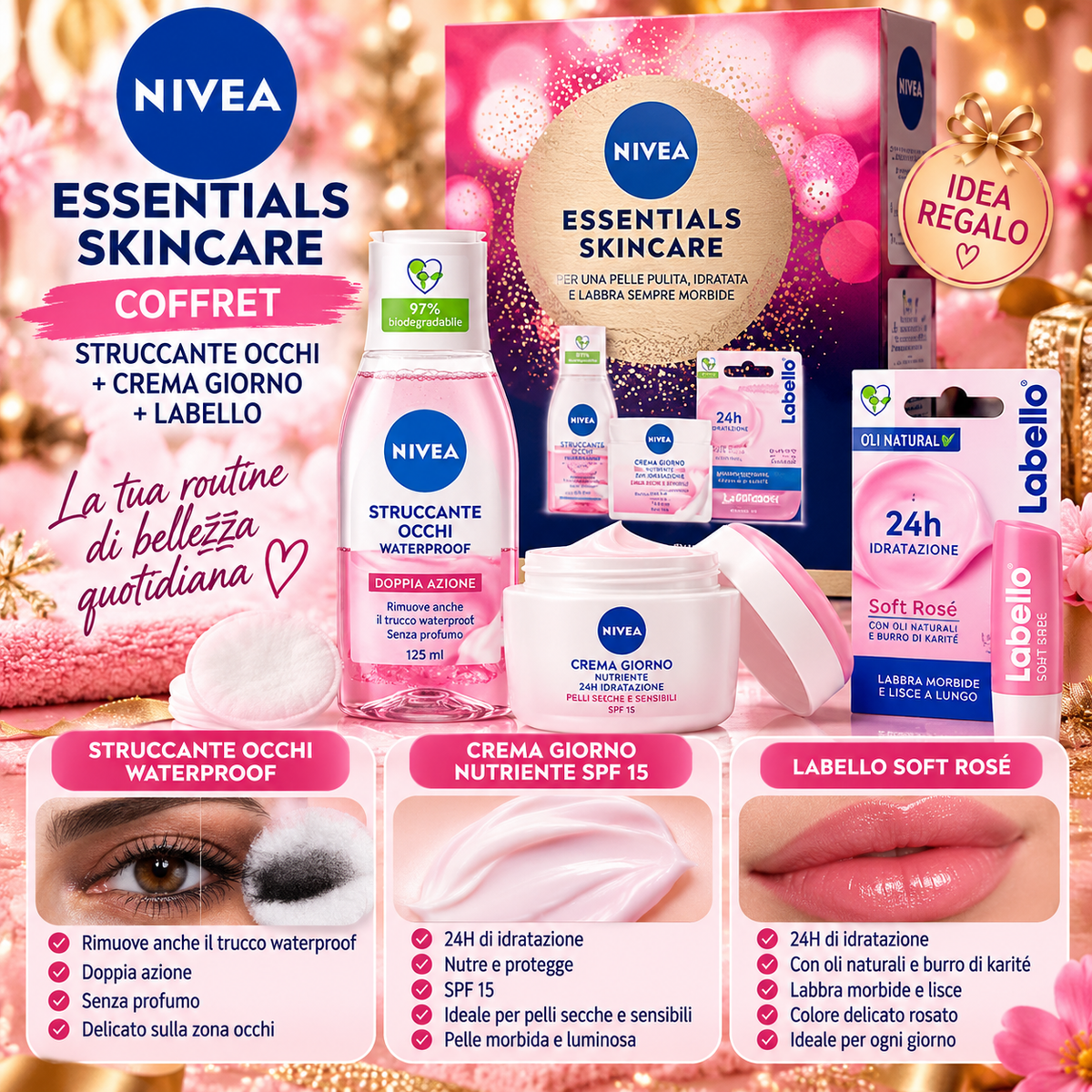 Nivea Essentials Skincare Coffret Regalo – Struccante Occhi + Crema Giorno + Labello