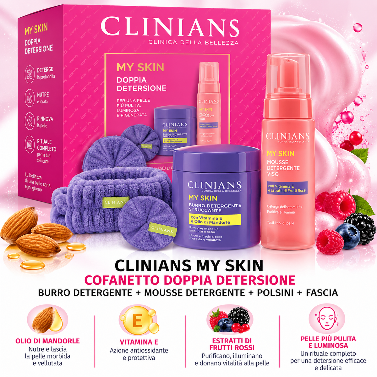 Clinians My Skin Cofanetto Doppia Detersione – Burro Detergente + Mousse Detergente + Polsino + Fascia