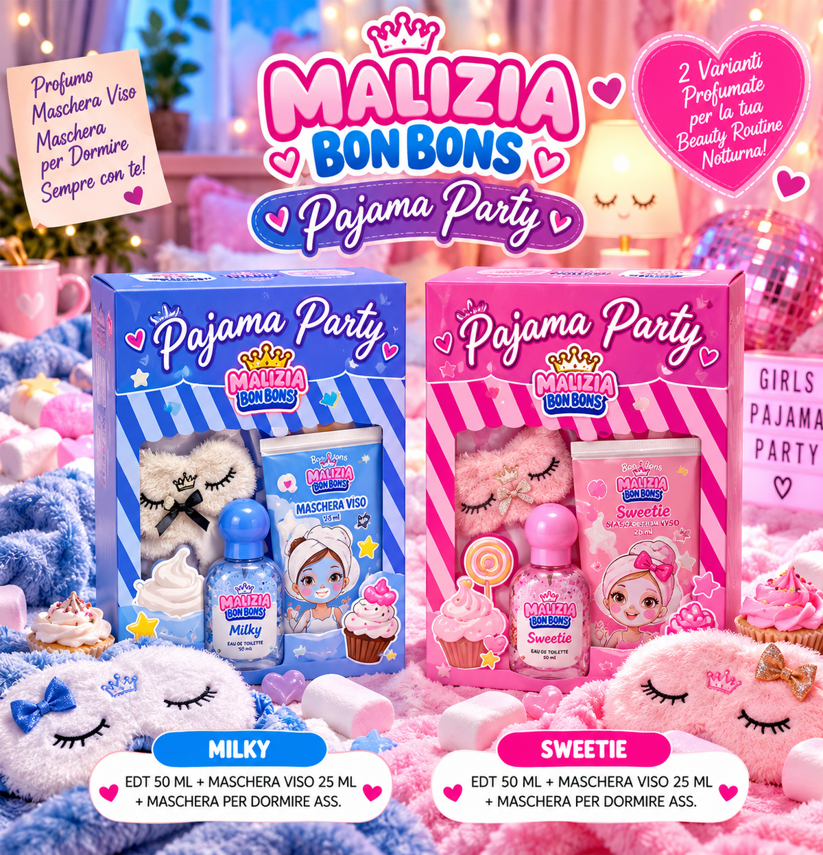 MALIZIA BON BONS | PIGIAMA PARTY MASCHERA per dormire  + PROFUMO + maschera viso