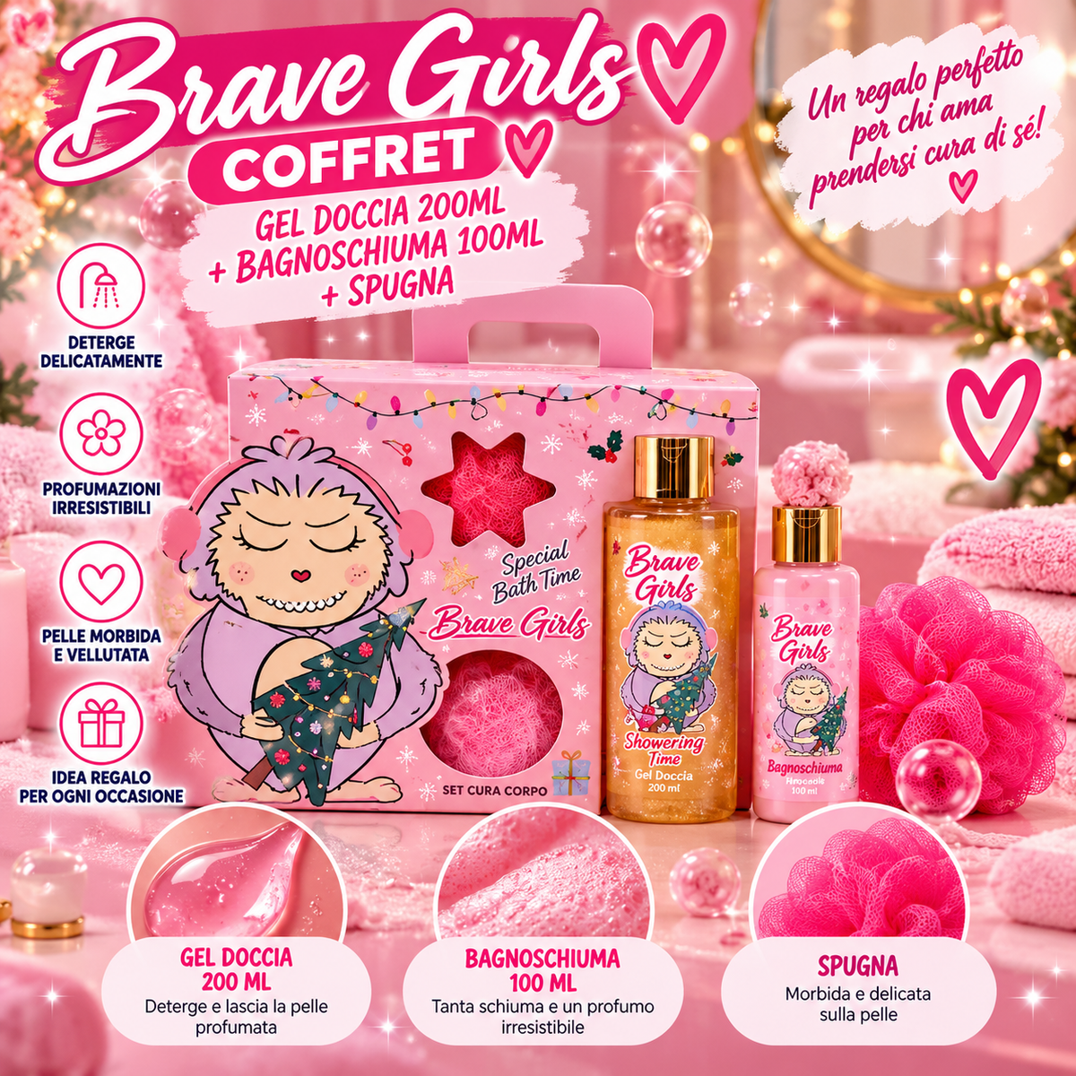 BRAVE GIRLS | manico gel doccia 200+bagnoschiuma 100 ml + spugna