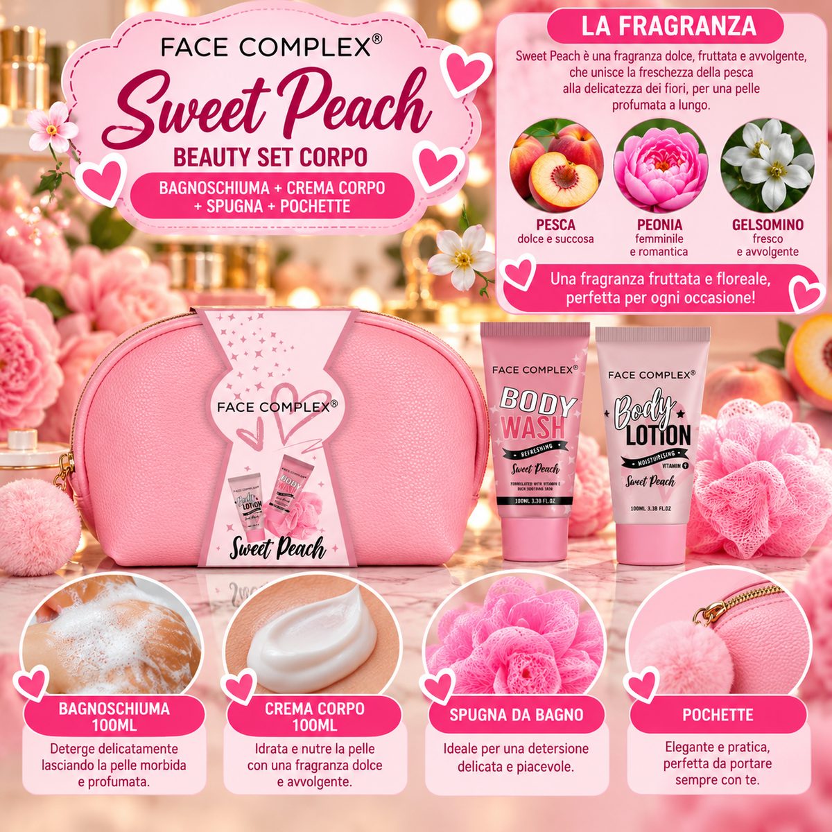 FACE COMPLEX SKYL35294 BAGNOSCHIUMA 100ML CREMA CORPO 100ML SPUGNA DA BAGNO E POCHETTE NUMERO 71