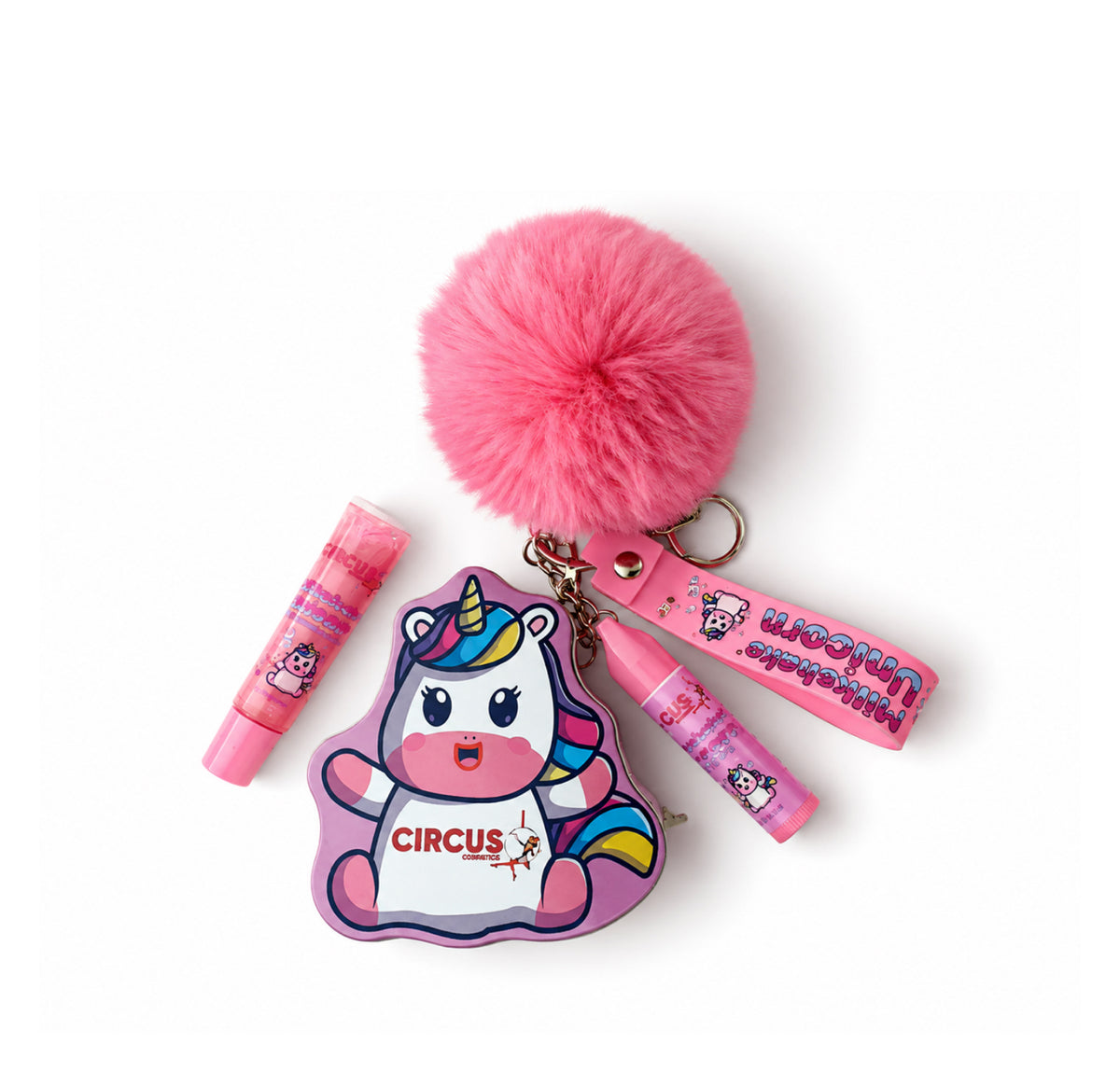 CIRCUS COSMETICS milkshake unicorn latta + pon pon portachiavi + burrocacao + lucidalabbra