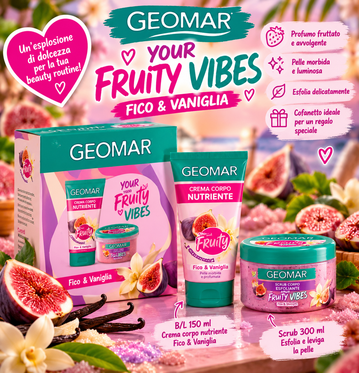 GEOMAR YOUR FRUITY VIBES CONFEZIONE FICO E VANIGLIA | Body lotion 150 ml + Scrub corpo 300 ml