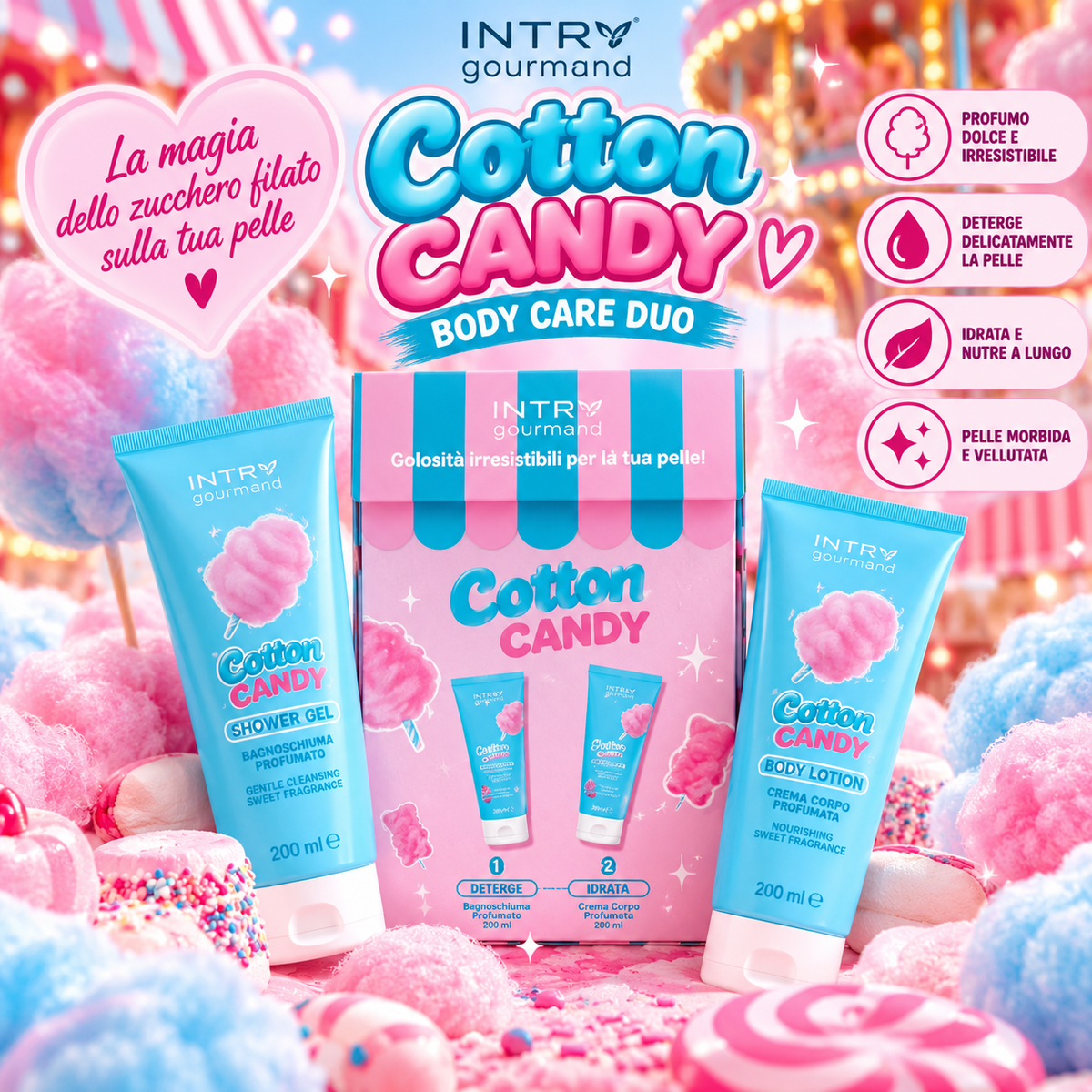🍭 Cotton Candy
INTRA Gourmand Cotton Candy Zucchero Filato – Cofanetto Corpo 2x200 ml