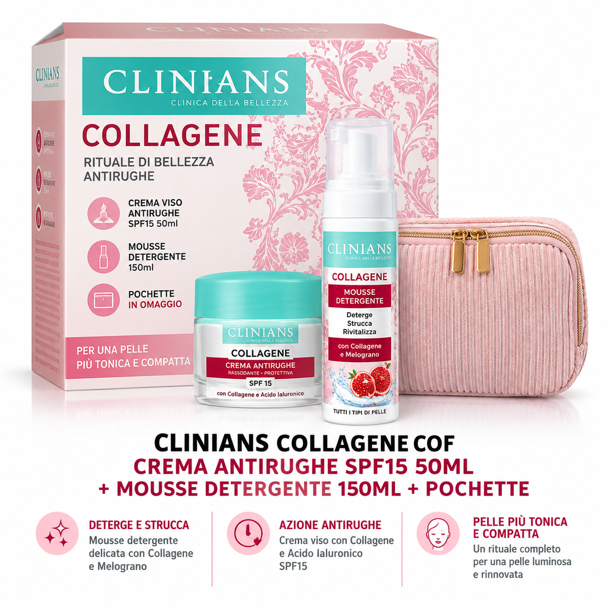Clinians Collagene Coffret Viso – Crema Antirughe SPF15 + Mousse Detergente + Pochette