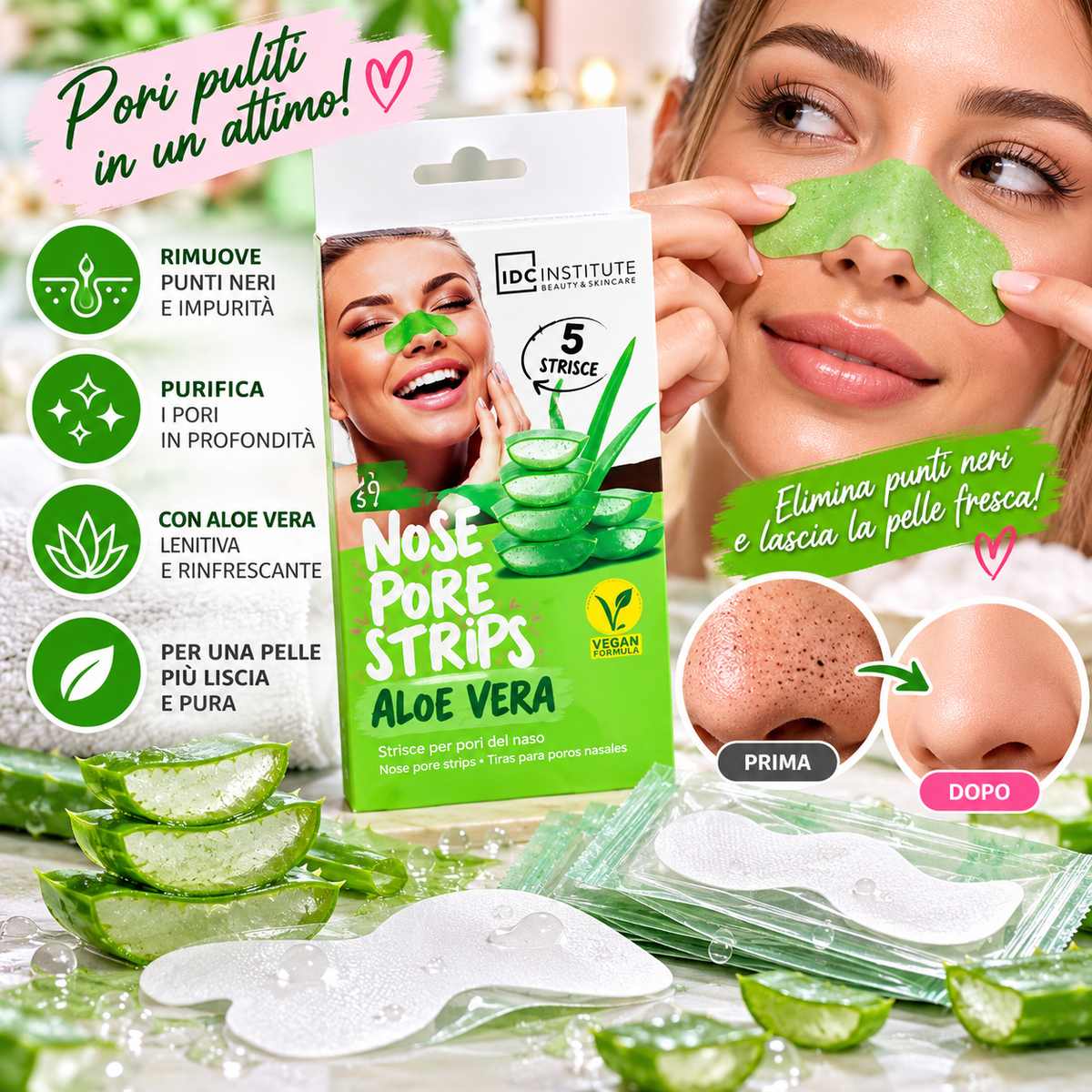 IDC INSTITUTE | Strisce per pori del naso aloe vera 5 strisce