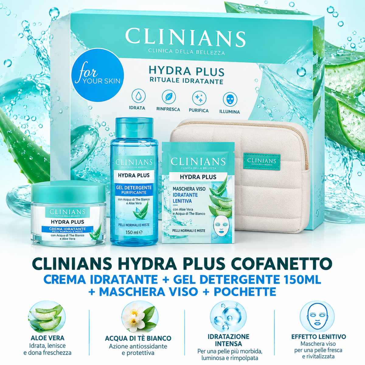 Clinians Hydra Plus Cofanetto Viso – Crema Idratante Lenitiva + Detergente Cremoso + Patch Occhi + pochette