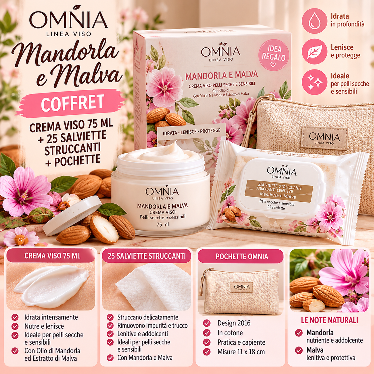 Omnia Mandorla e Malva Coffret Viso – Crema 75 ml + Salviette + Pochette