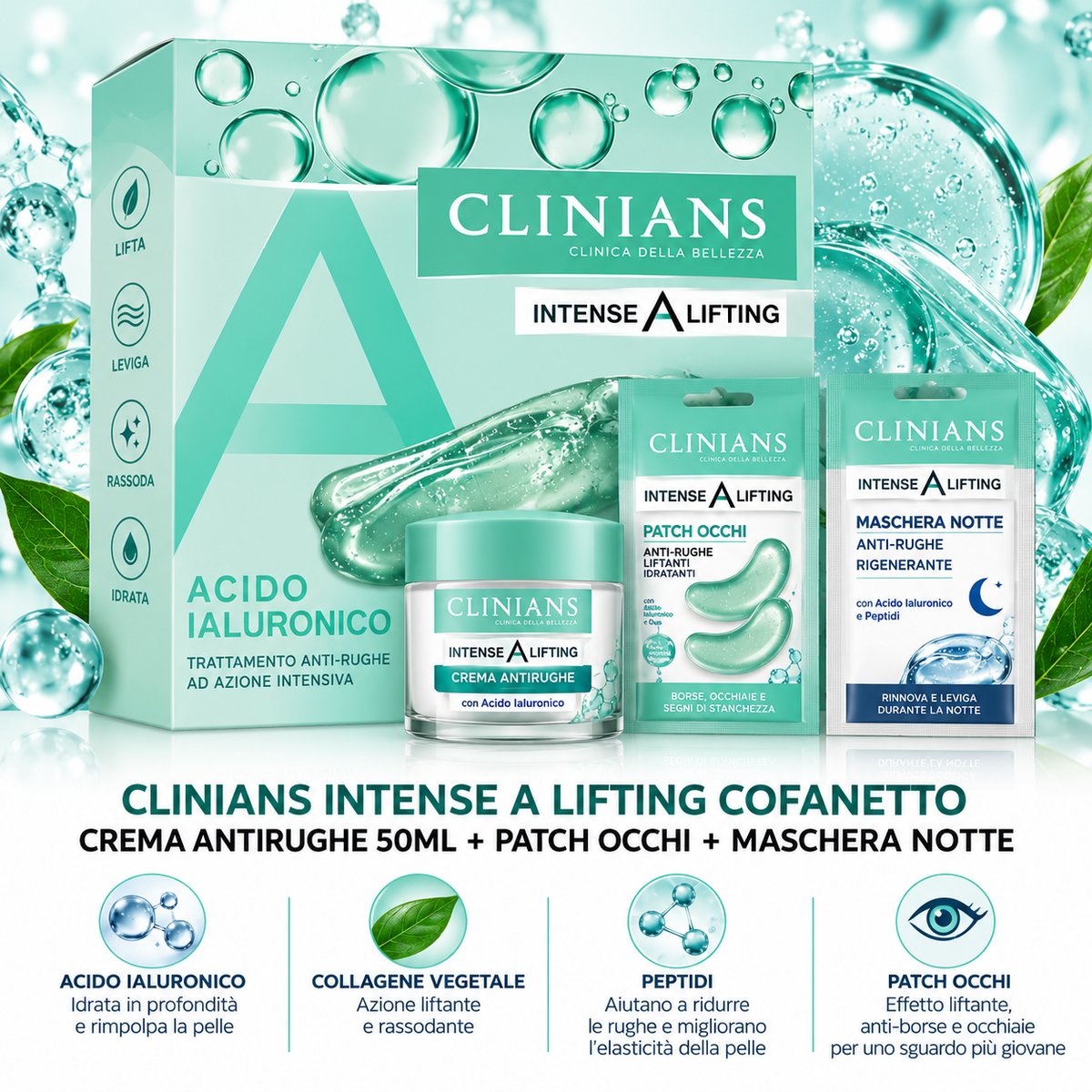 Clinians Intense A Lifting Cofanetto Viso – Crema Antirughe + Patch Occhi + Maschera Notte