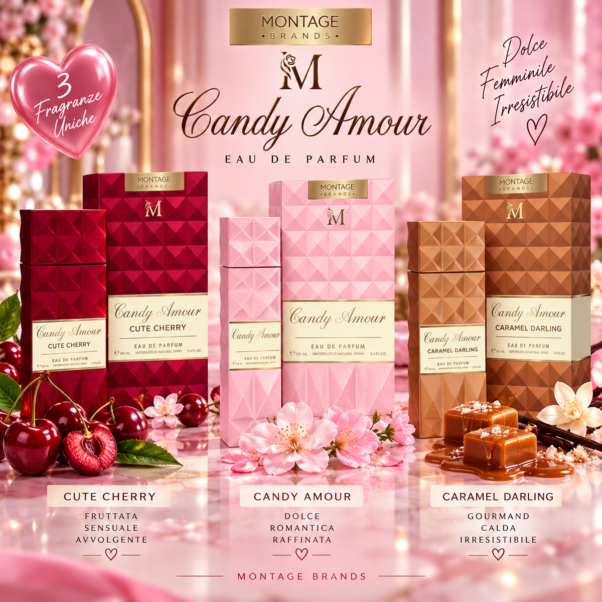 Candy Amour Eau de Parfum 100 ml – Profumo Donna | 3 Fragranze: Cute Cherry, Candy Amour & Caramel Darling ✨